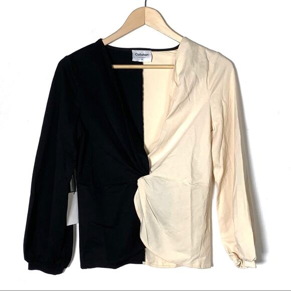 NWT Callahan Knitwear Beige black color block v neck knotted sweater size xs - Picture 1 of 5